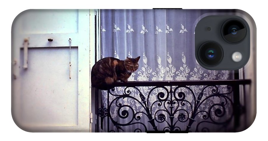 Vintage Travel Cat on a French Balcony 1967 - Phone Case