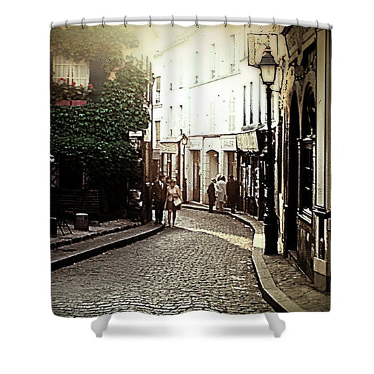Vintage Travel Cobblestone Cafe - Shower Curtain