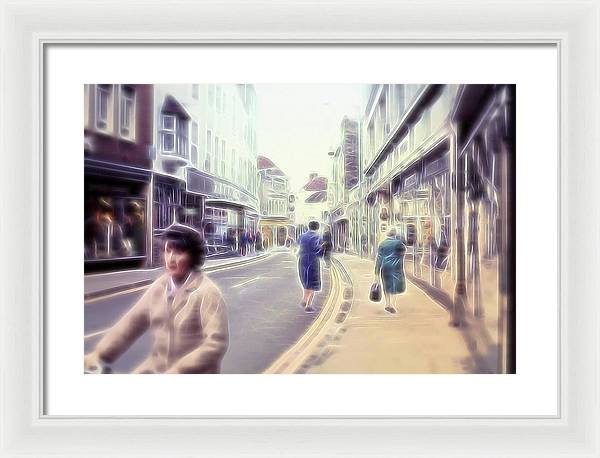 Vintage Travel Street With Bicycle Rider - Framed Print