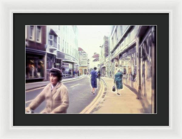 Vintage Travel Street With Bicycle Rider - Framed Print