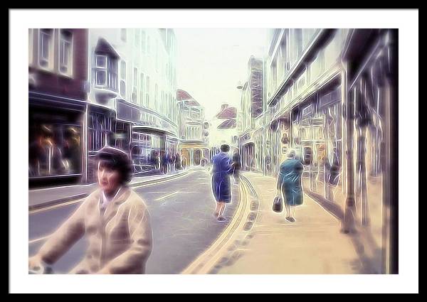 Vintage Travel Street With Bicycle Rider - Framed Print