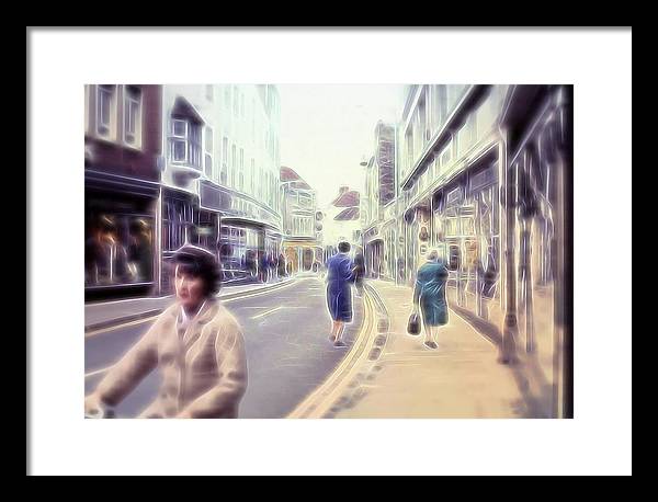 Vintage Travel Street With Bicycle Rider - Framed Print