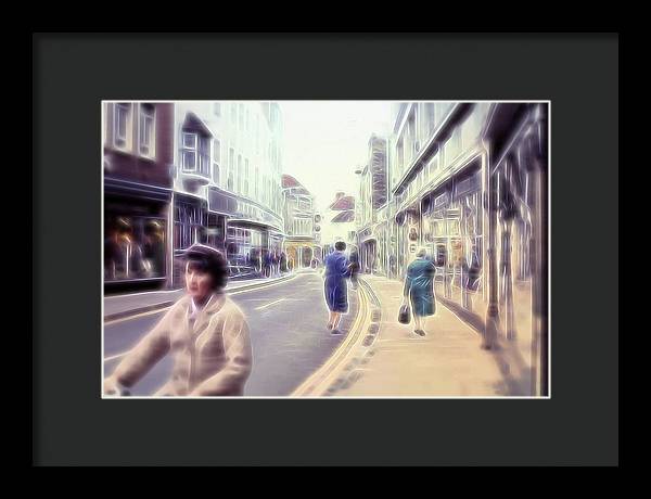 Vintage Travel Street With Bicycle Rider - Framed Print