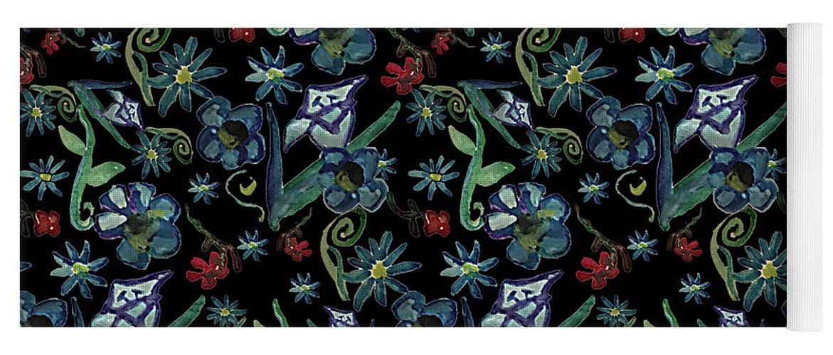 Watercolor Flowers On Black - Yoga Mat