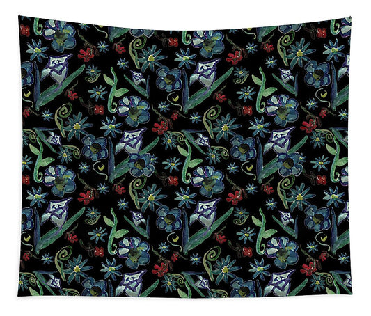 Watercolor Flowers On Black - Tapestry