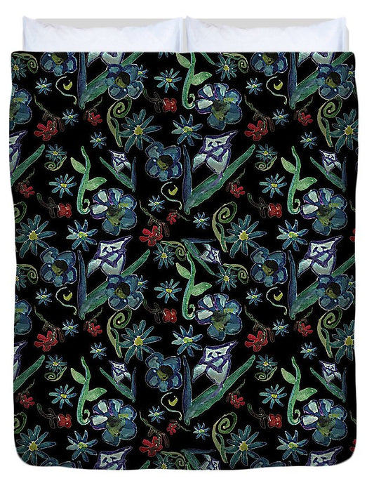 Watercolor Flowers On Black - Duvet Cover