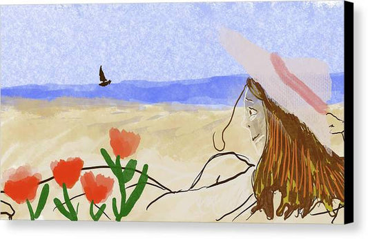 Woman In a Hat On The Beach - Canvas Print