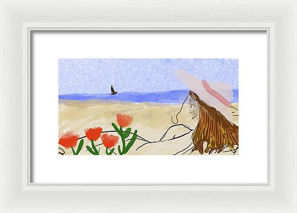 Woman In a Hat On The Beach - Framed Print