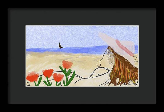 Woman In a Hat On The Beach - Framed Print